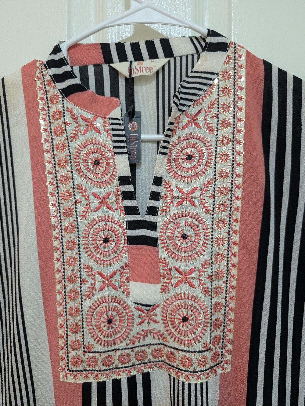 Embroidered Coral, Black & White Striped Maxi Dress
